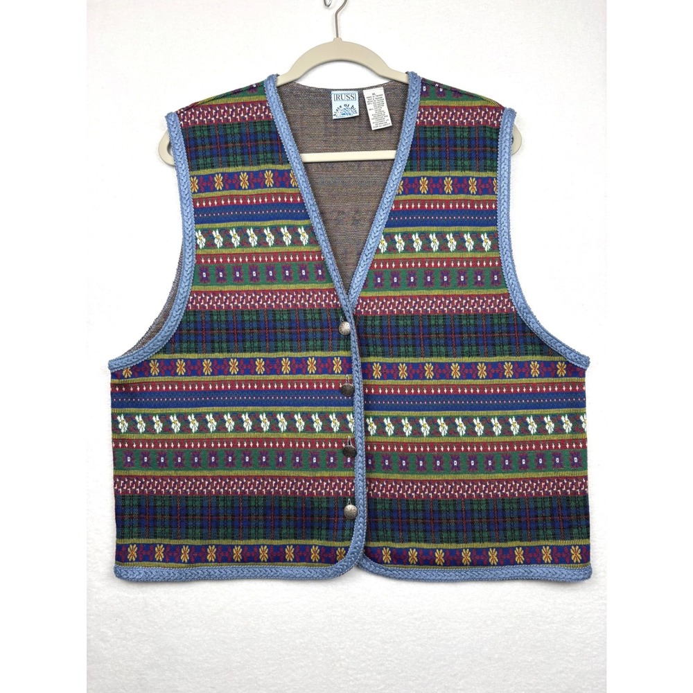 Russ Knit Vest Womens XL V-Neck Button Front Fair Isle Southwestern Tapestry
